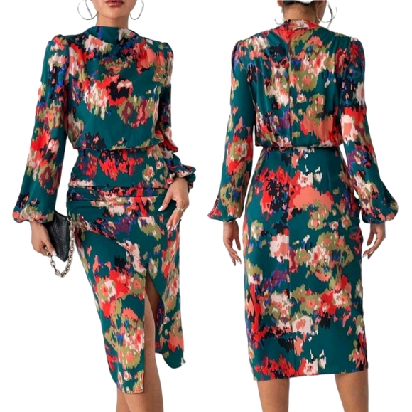 SHEIN Dresses & Skirts - SHEIN Frenchy Floral Print Lantern Sleeve Split Thigh Dress L (8/10)